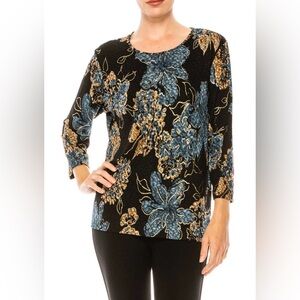 Allison Daley Black and Blue Floral Textured Blouse- Women’s XL